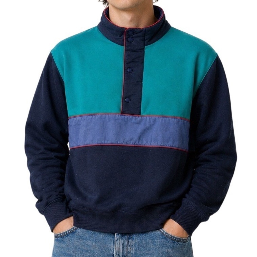 Vintage 90's Eddie Bauer Colorblock Sweatshirt Mens Medium Teal Navy Purple Mock